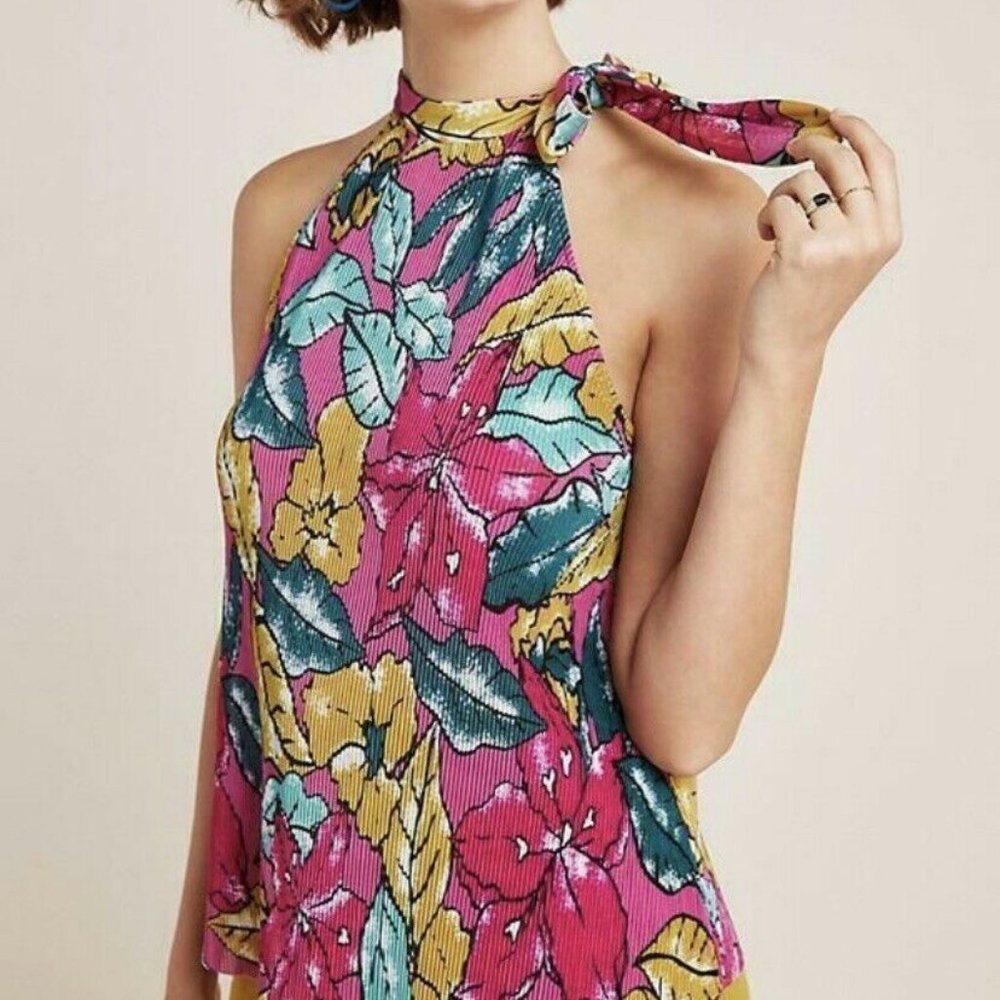 Anthropologie Pink Tropical Halter Tie-Neck Blouse